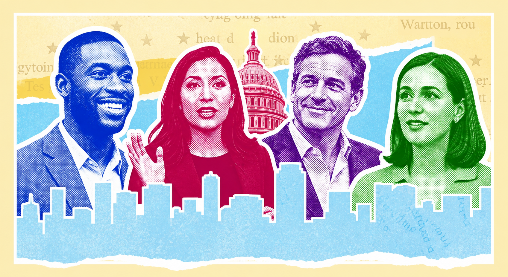 Four colorful halftone portraits above a blue city skyline and the U.S. Capitol
